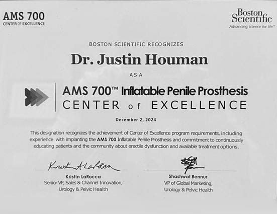 Dr Justin Houman, AMS 700 Inflatable Penile Prothesis Certificate