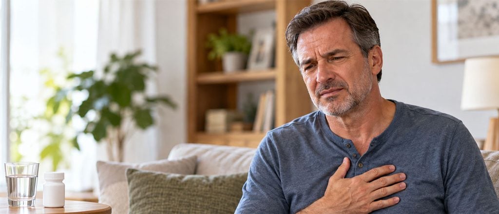 Man holding his chest with heartburn after taking erectile dysfunction medication